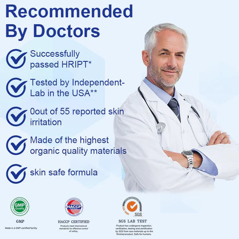 Advertisement featuring a doctor with product features and certifications on a light blue background