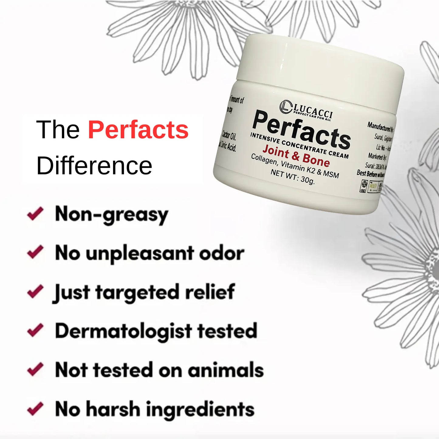 Lucacci Perfacts Joint & Bone cream jar with product features listed on a white background