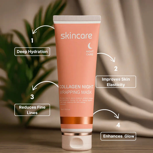 Skincare collagen night wrapping mask tube with benefits on a neutral background