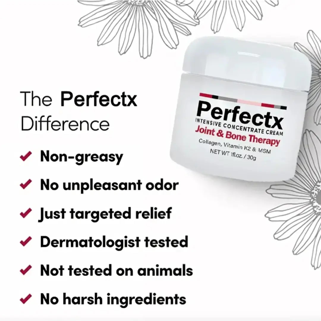 Perfectx Joint & Bone Therapy cream jar with listed benefits on a white background