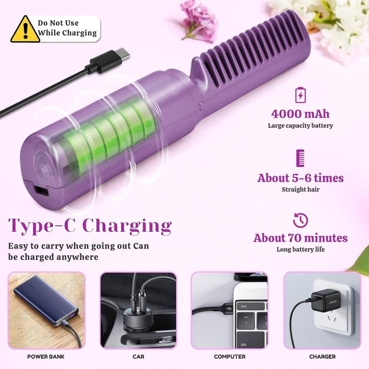 Portable mini hair straightener comb with cordless, rechargeable design for travel styling