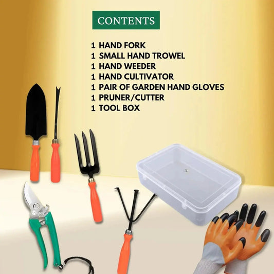 6-in-1 garden tools set with trowel, weeder, transplanter, cultivator, pruner, and hand rake featuring ergonomic handles on a soil background