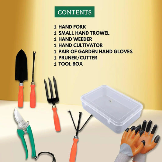 6-in-1 garden tools set with trowel, weeder, transplanter, cultivator, pruner, and hand rake featuring ergonomic handles on a soil background