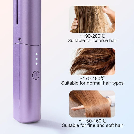 Close-up of mini hair straightener comb controls and temperature display