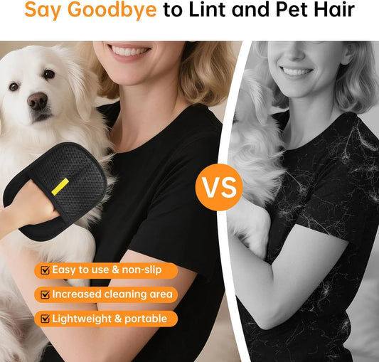 Person holding a white dog with a grooming tool, showing before and after effects on a black shirt.