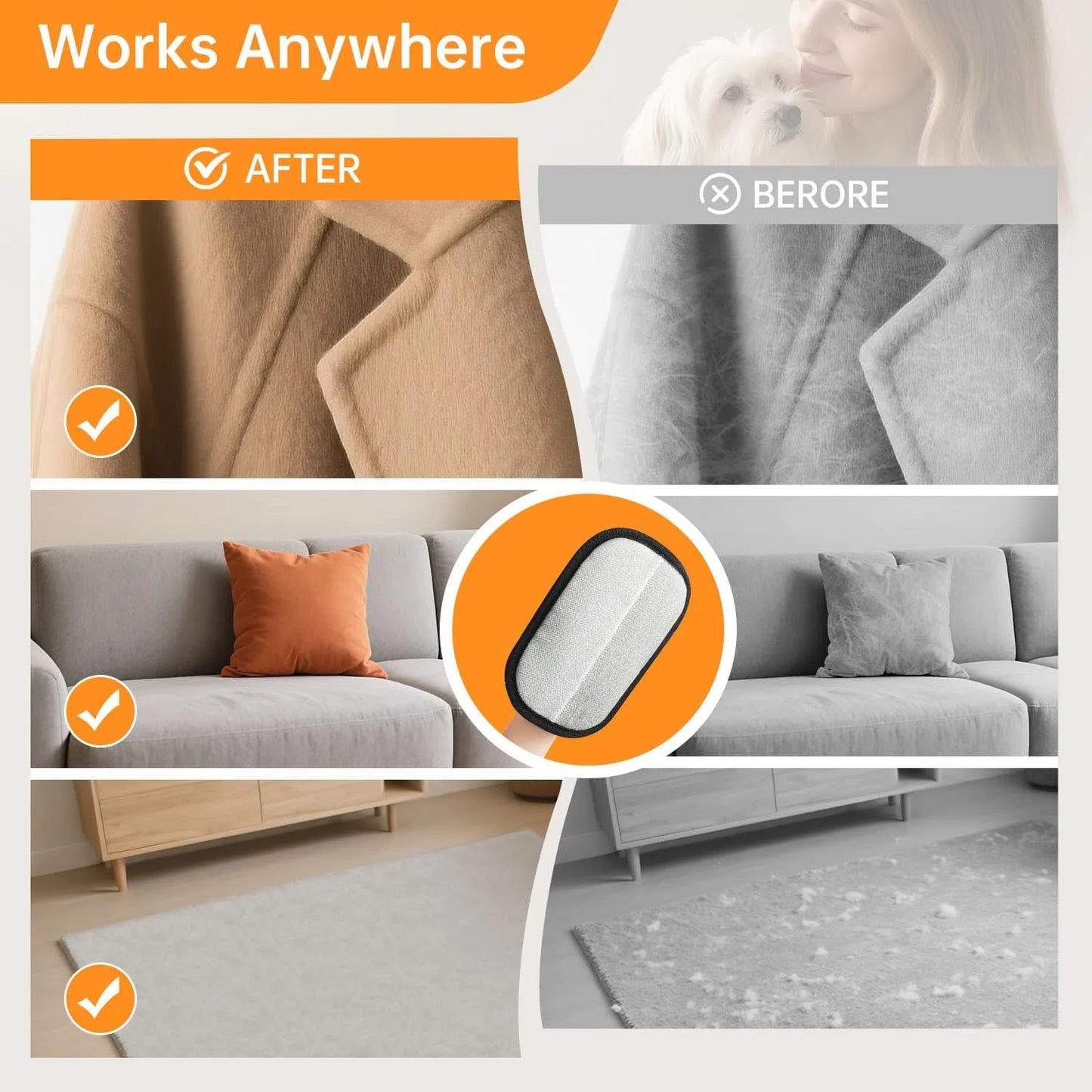 Before and after comparison of a product's effect on clothing, furniture, and flooring.