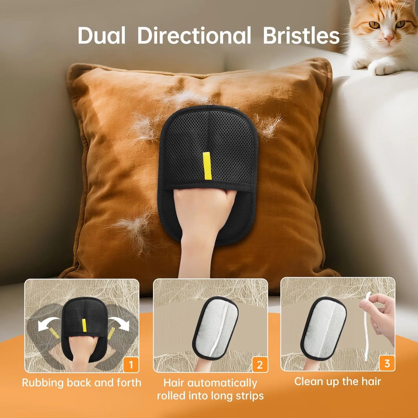Pet grooming tool with dual directional bristles on a couch with a cat, showing usage instructions.