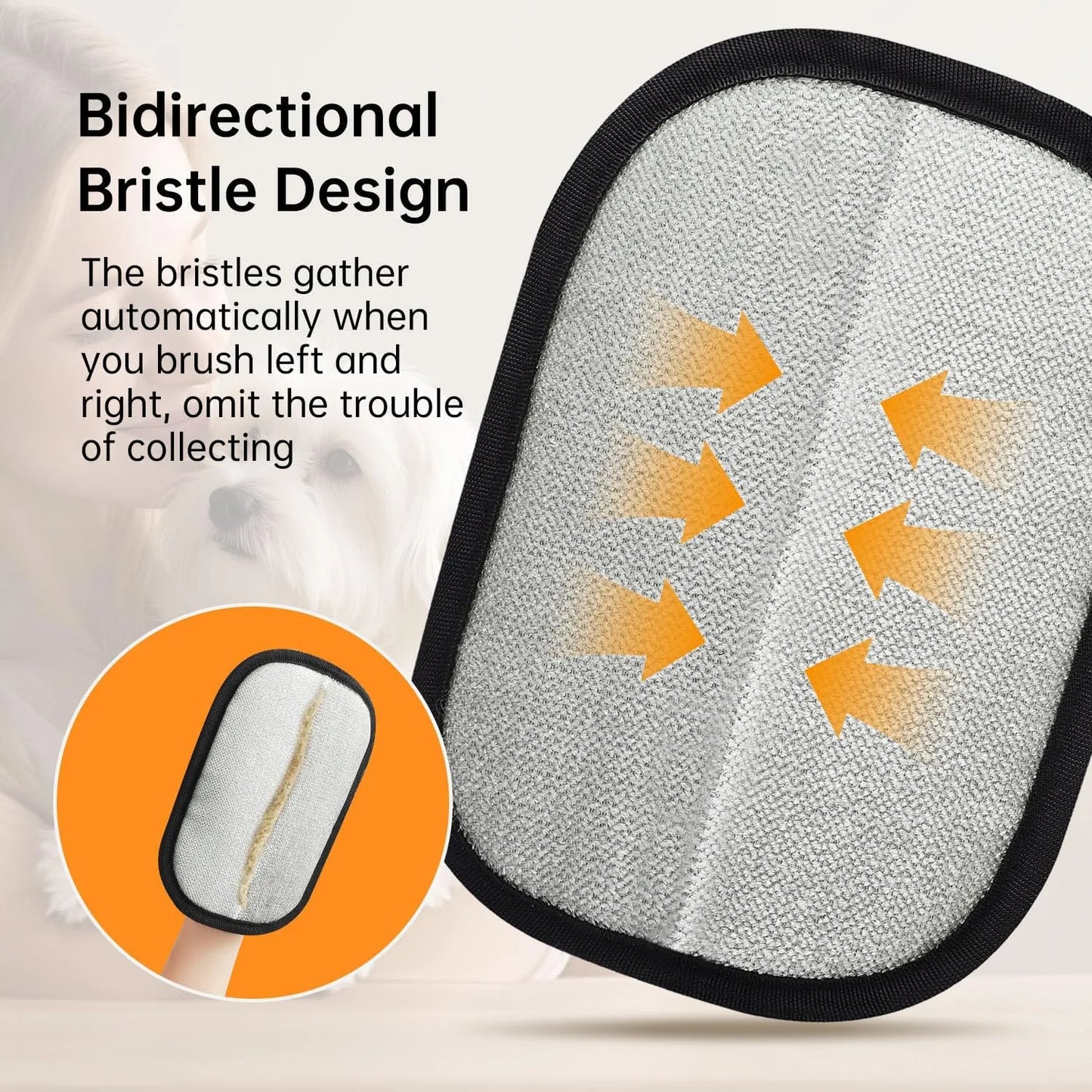 Cleaning brush with bidirectional bristle design and text explaining its functionality.