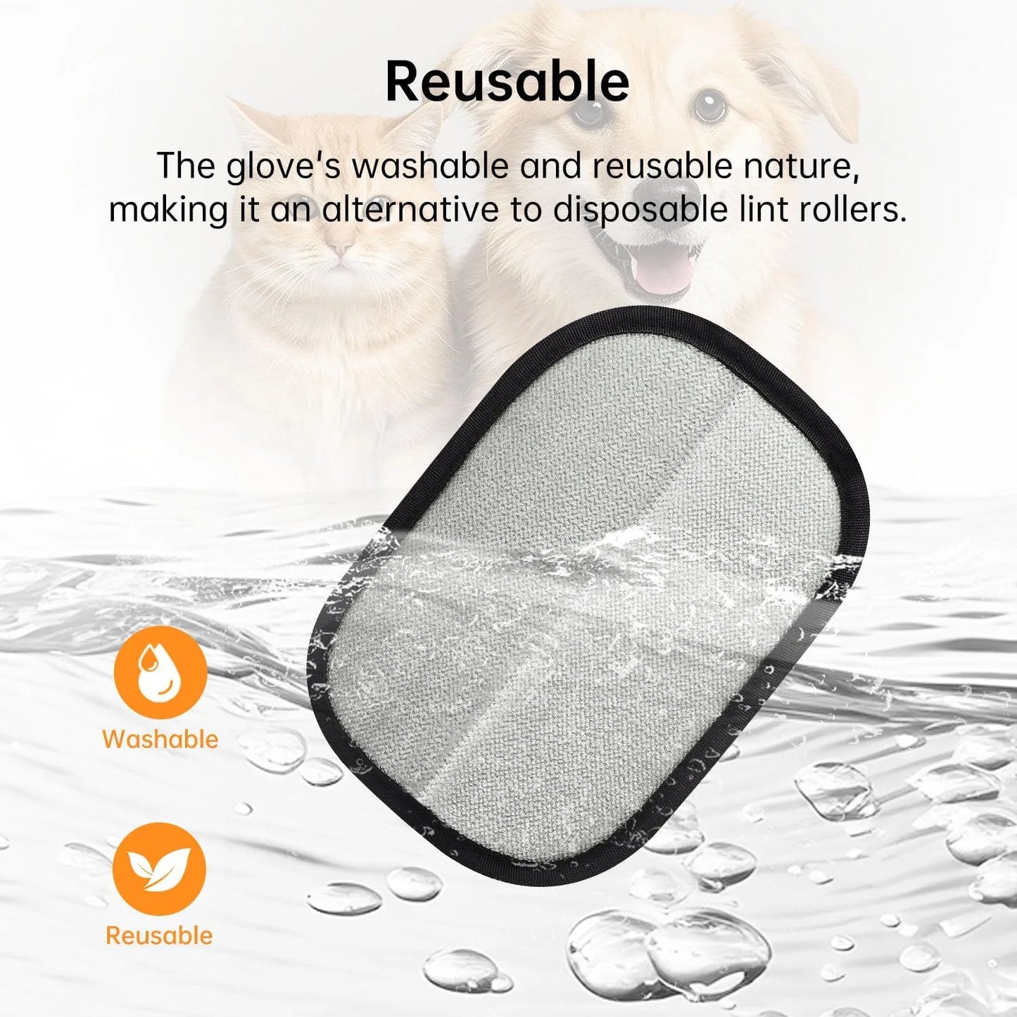 Reusable cleaning glove with text highlighting its washable and reusable nature, shown with a cat in the background.