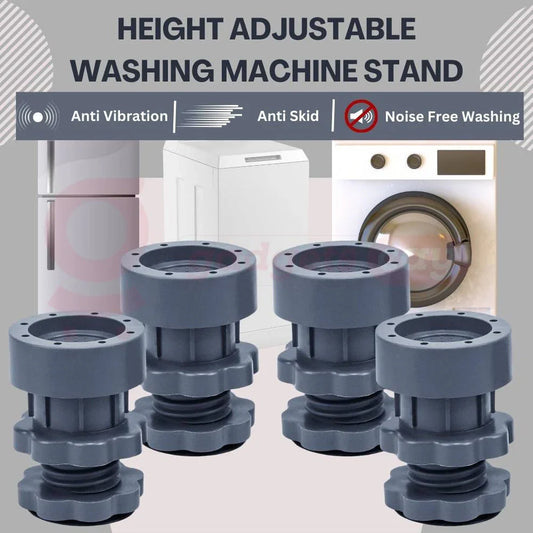 Height adjustable washing machine stand with features listed on a gray background