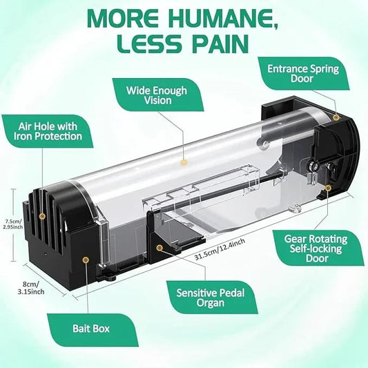 Humane live mouse trap made of transparent ABS plastic with ventilation slots and a touch-sensitive lever for no-kill rodent capture