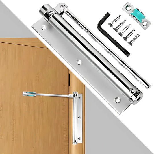 Door closer mechanism with mounting hardware on a wooden door