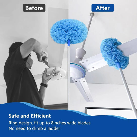 Before and after comparison of a person using a ceiling fan cleaning tool with blue fluffy brushes.