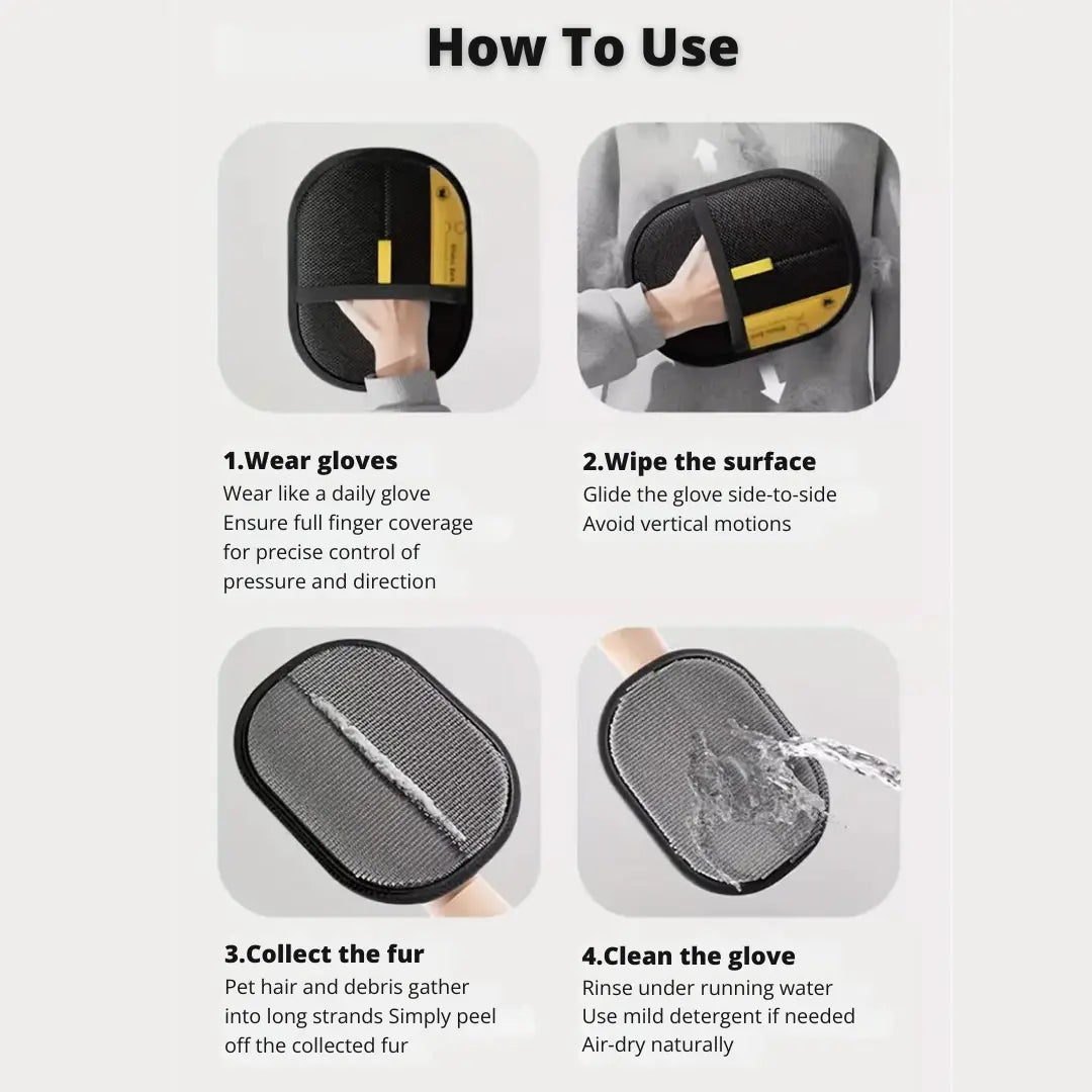 Instructions on how to use a grooming glove with images and text.