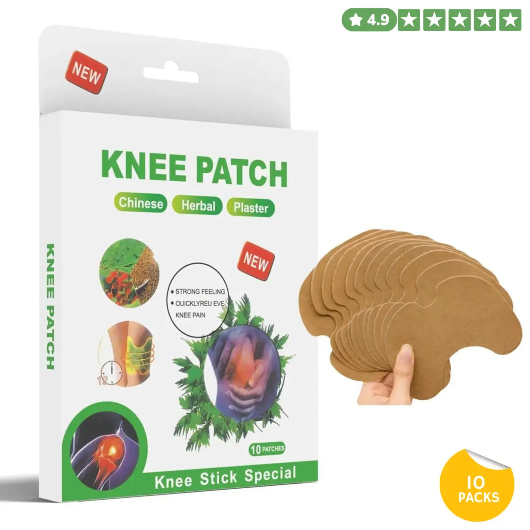 Knee patch packaging with herbal illustrations and a hand holding patches on a white background.