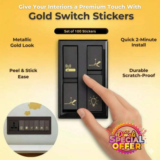 Gold switch stickers with a hand pressing a switch, set against a yellow background.