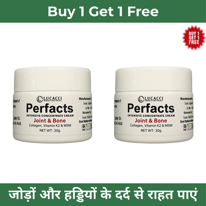 Two jars of Lucacci Perfacts Joint & Bone cream with a 'Buy 1 Get 1 Free' offer on a white background.