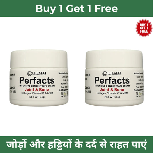Two jars of Lucacci Perfacts Joint & Bone cream with a 'Buy 1 Get 1 Free' offer on a white background.
