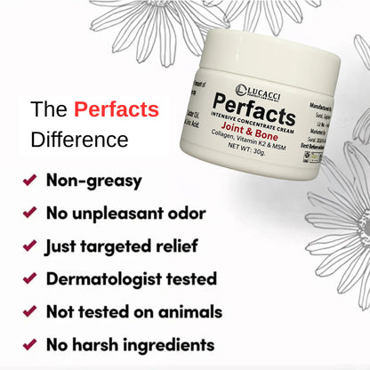 Lucacci Perfacts Joint & Bone cream jar with product features listed on a white background