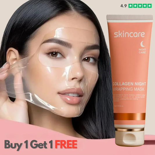 Woman applying a face mask with a skincare product on a beige background