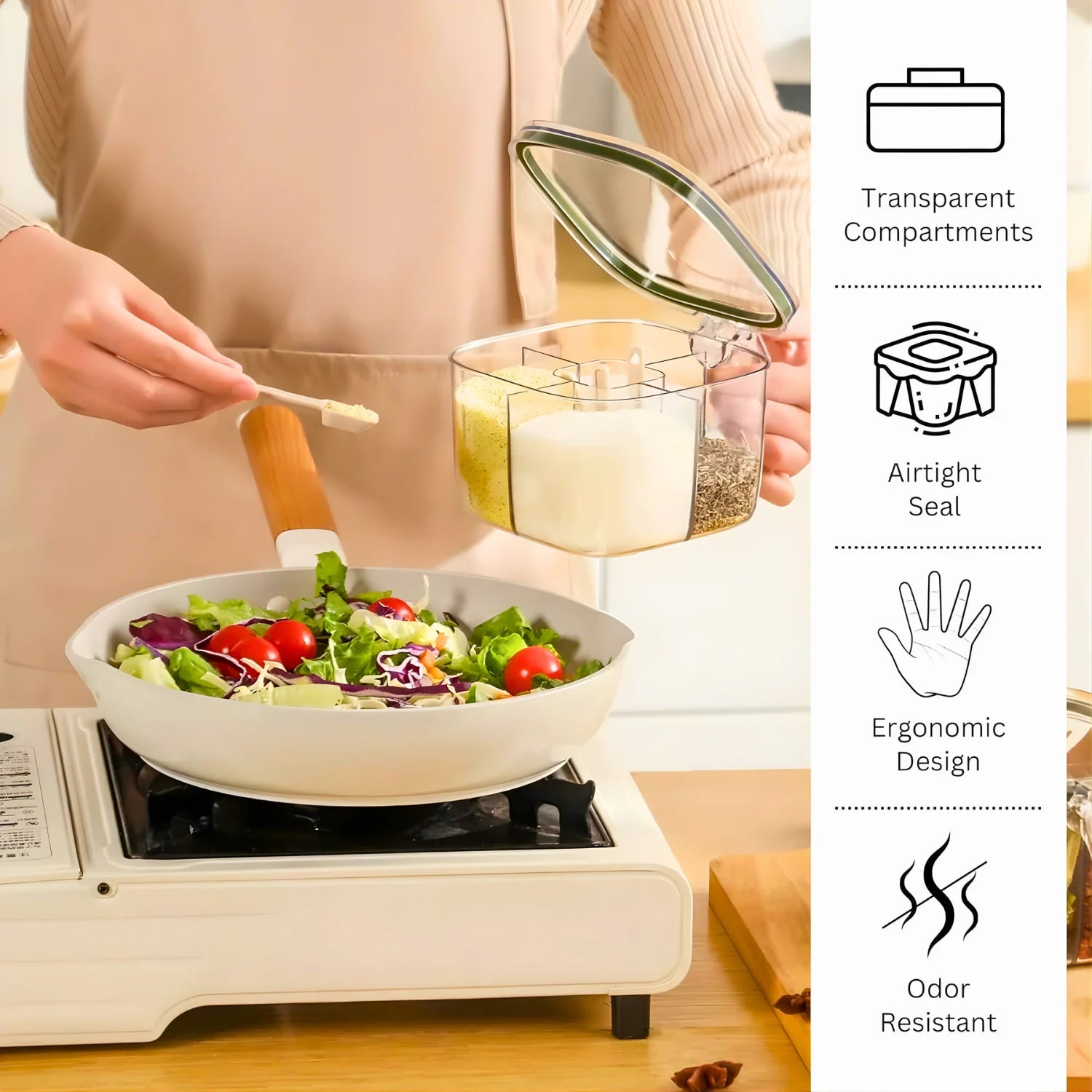FreshKeep one-hand press lid being opened while cooking