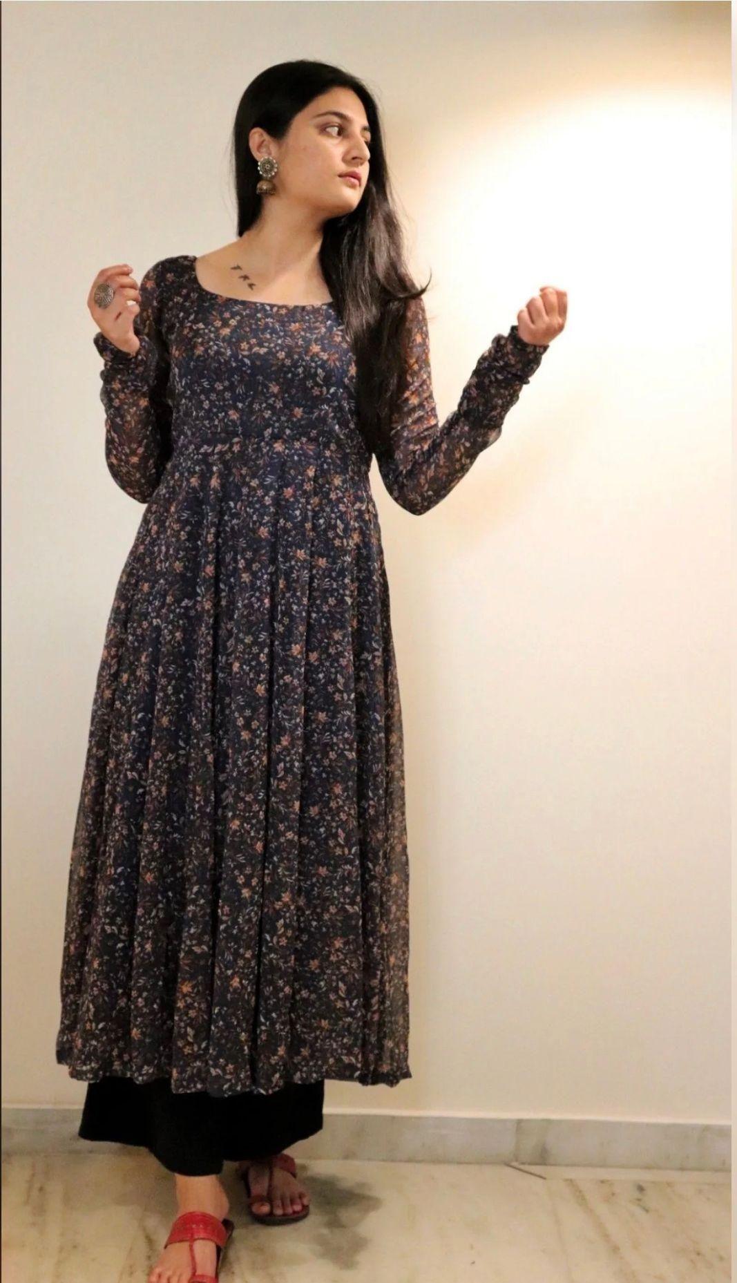 Plus Size Women's Printed Georgette Anarkali Kurti - Alzaar