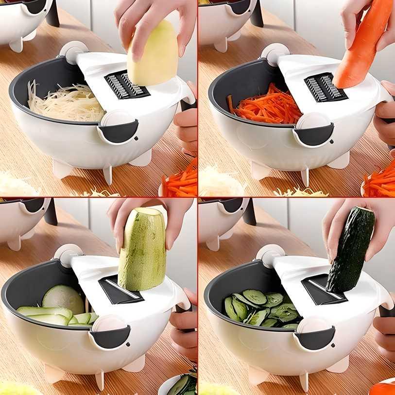 Vegetable Cutter- 7 in 1 Multifunction Magic Rotate Vegetable Cutter with Drain Basket Large Capacity - Alzaar