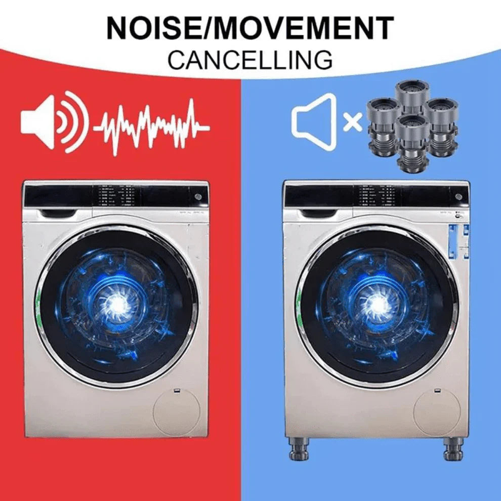 Two washing machines with sound wave graphics on a red and blue background, emphasizing noise cancellation technology.
