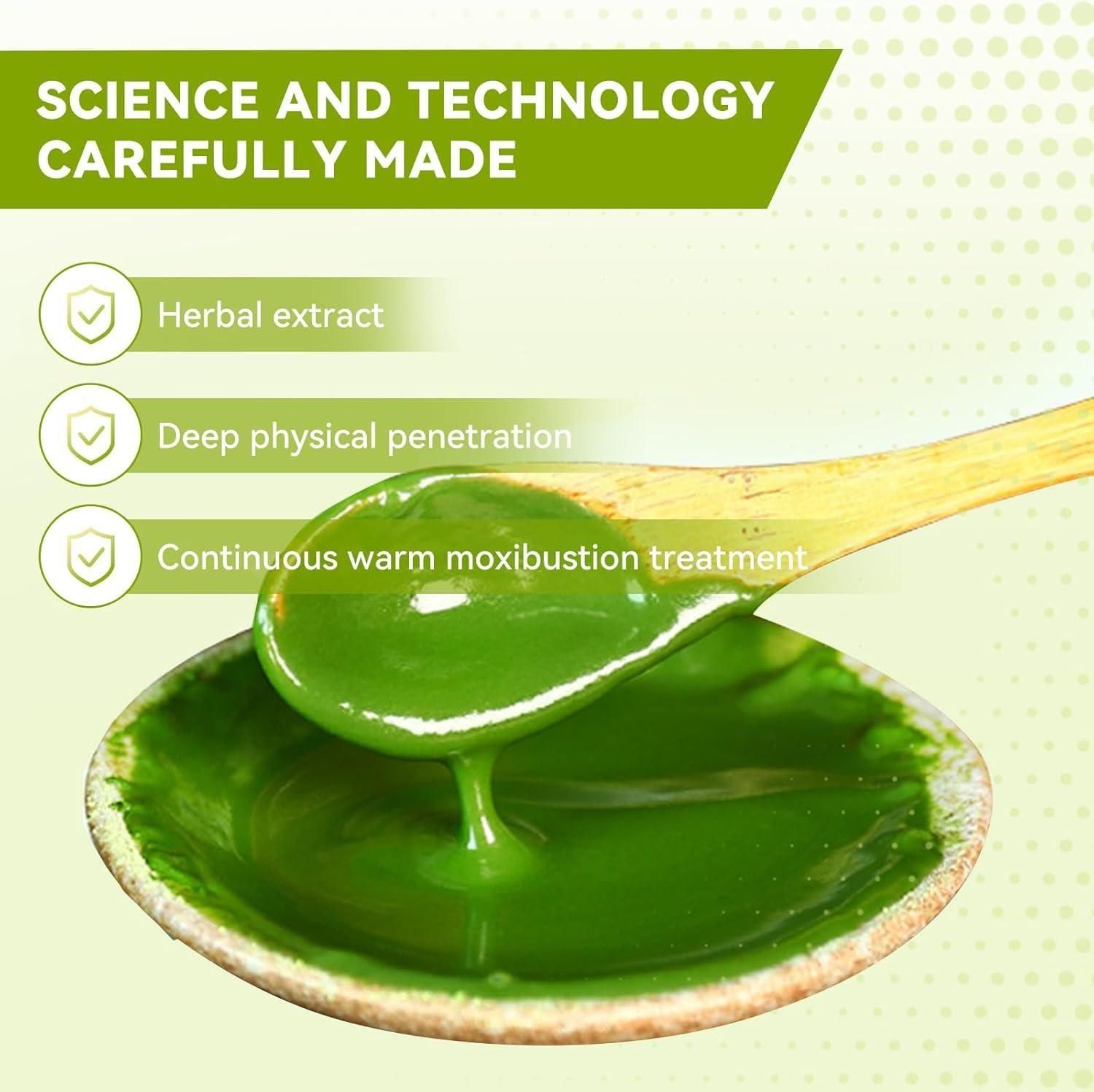 Green herbal extract with a wooden spoon on a light green background, featuring text about science and technology.