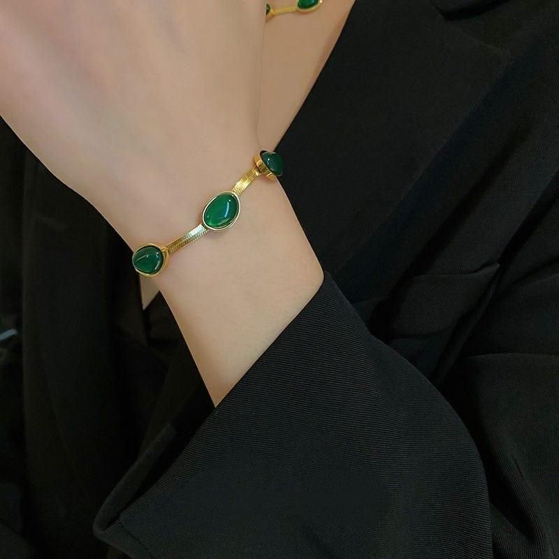 Oval Green Crystal Pendant Necklace Set With Bracelet 6a4mhe-0u