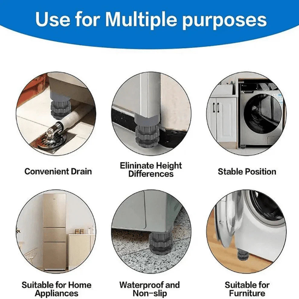 Product features for multiple purposes including convenient drain, eliminate height differences, stable position, suitable for home appliances, waterproof and non-slip, and suitable for furniture.