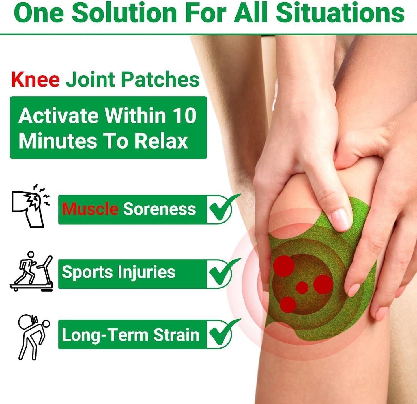Knee joint patch advertisement with text about its benefits for muscle soreness, sports injuries, and long-term strain.