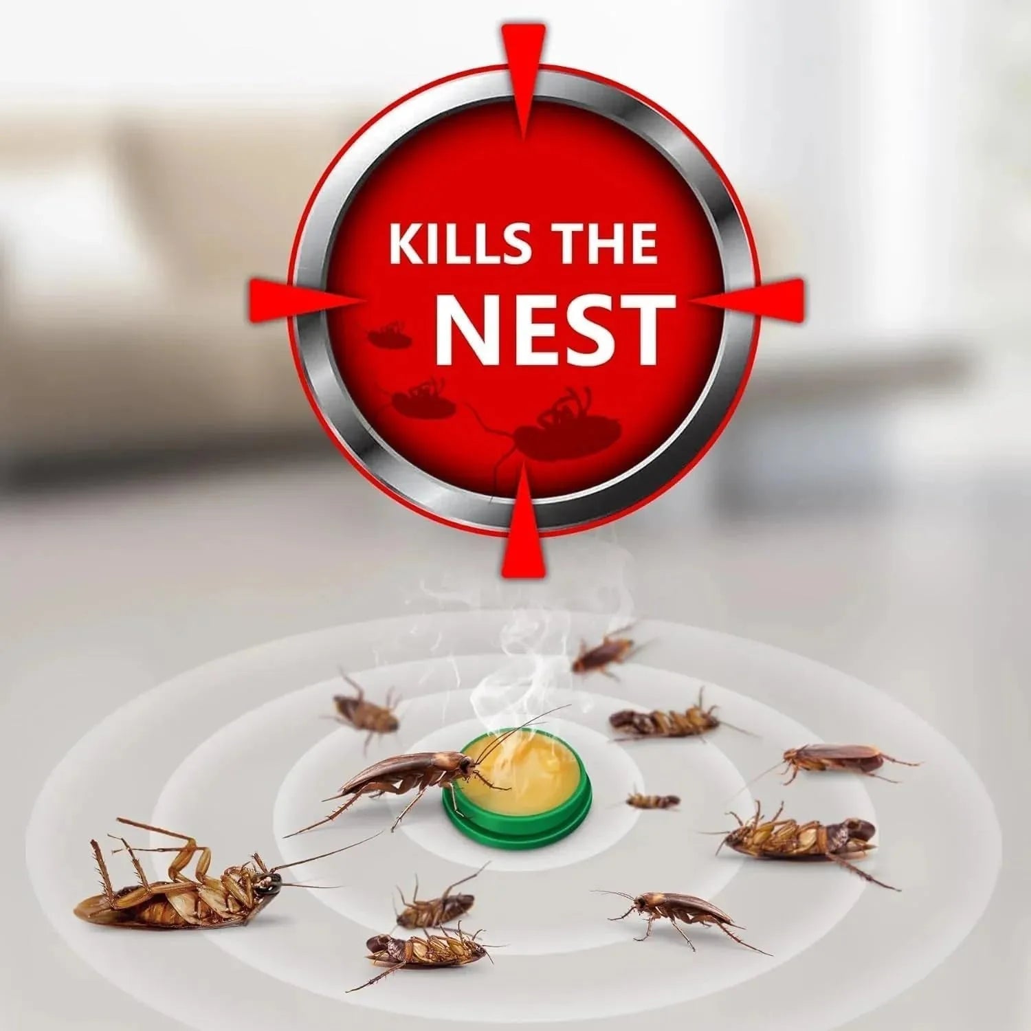Product with a red circle and text 'KILLS THE NEST' surrounded by cockroaches on a white background.