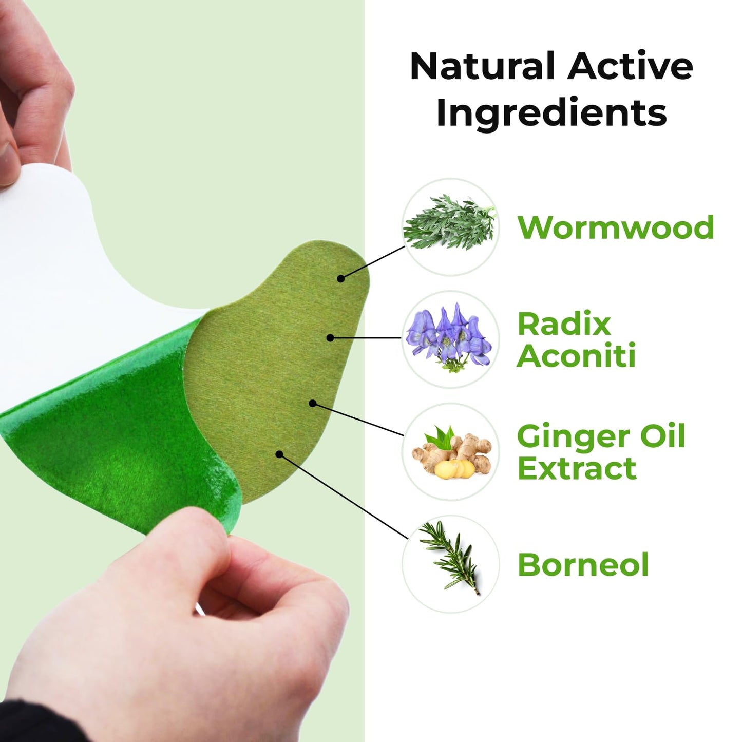 Product packaging with natural active ingredients labeled on a green background