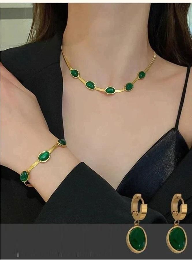 Oval Green Crystal Pendant Necklace Set With Bracelet 6a4mhe-0u