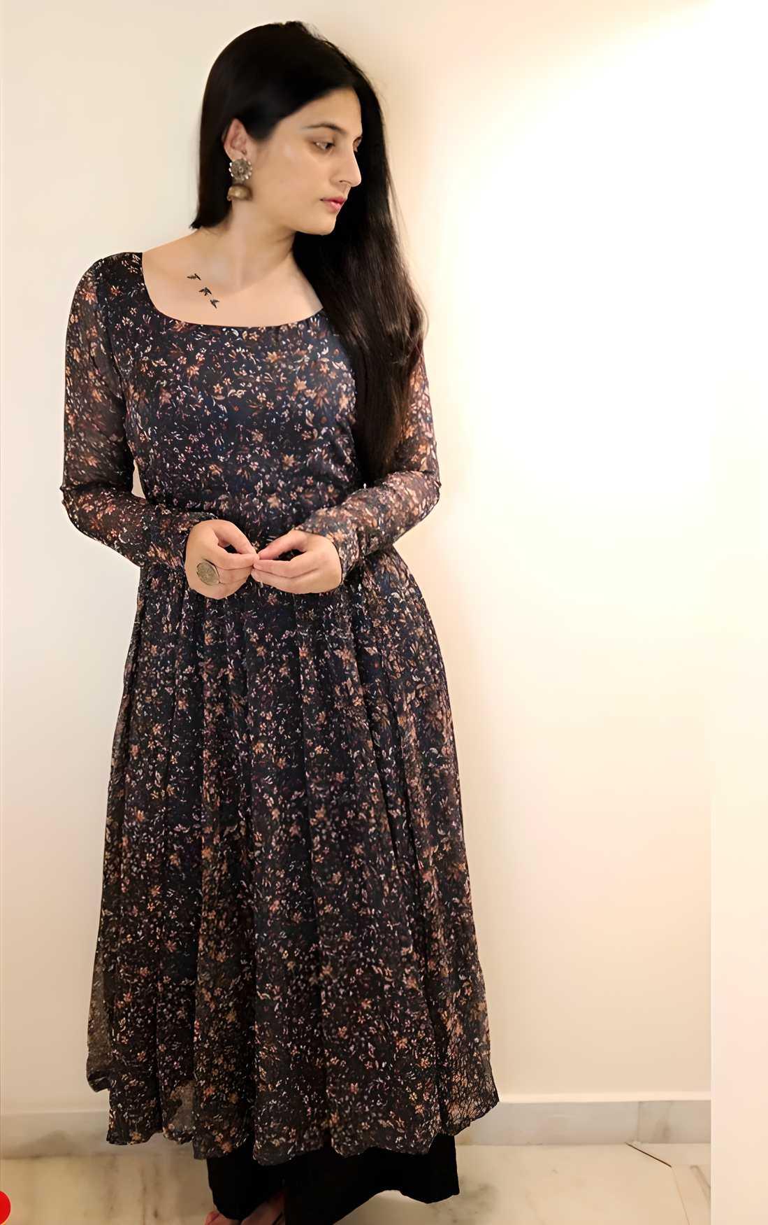 Plus Size Women's Printed Georgette Anarkali Kurti - Alzaar