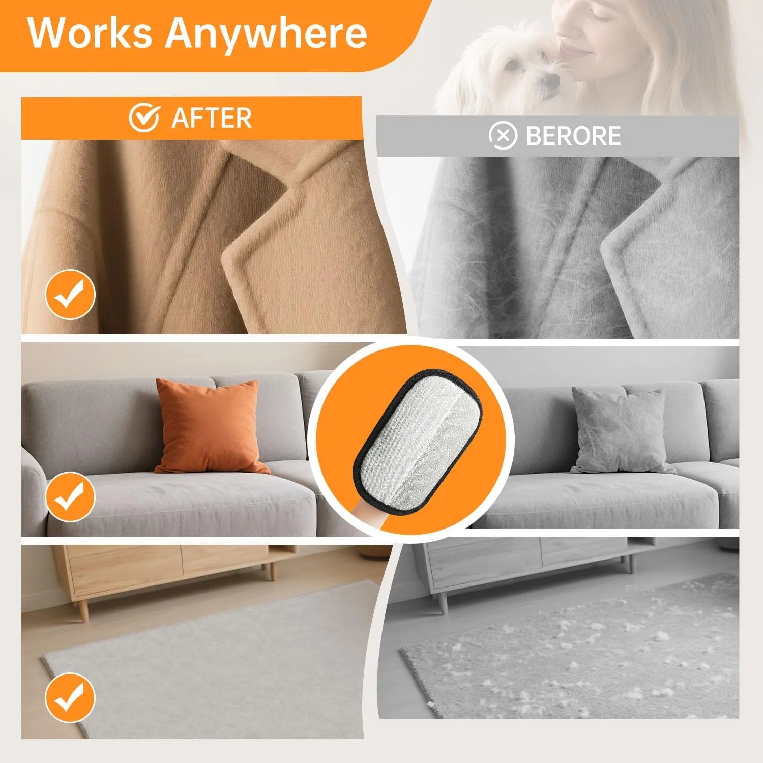 Before and after comparison of a product's effect on clothing, furniture, and flooring.