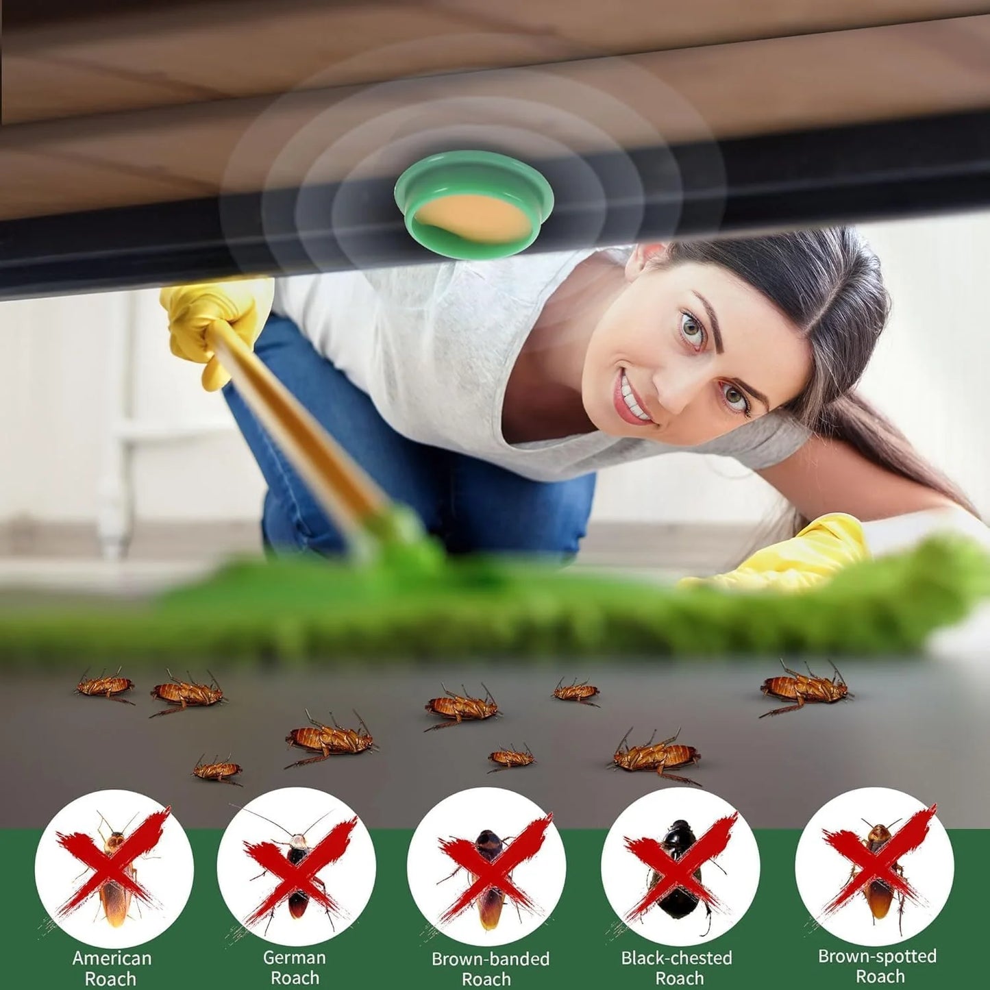 Woman using a pest control device with images of different roach species below.