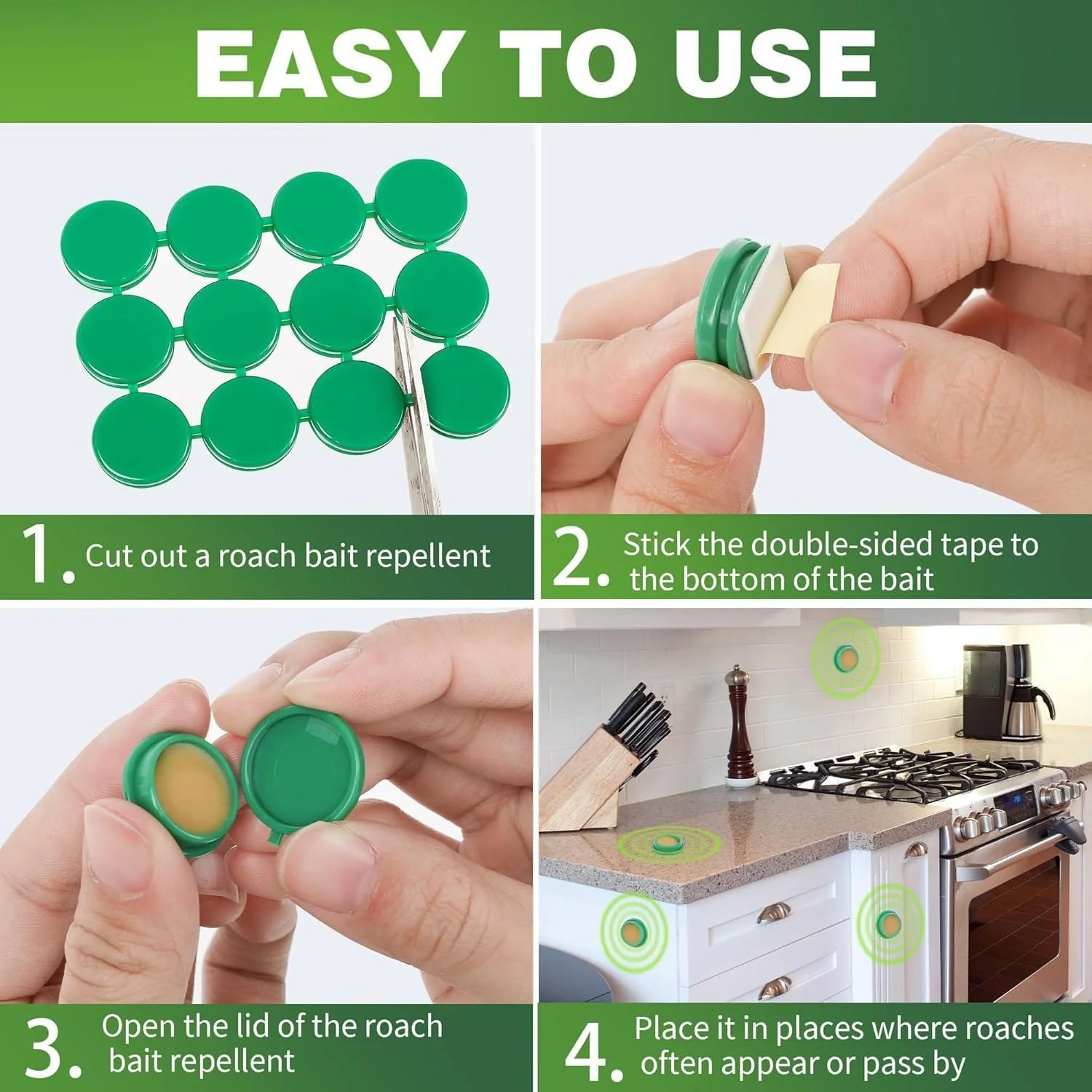 Instructions for using roach bait repellent with green labels and text on a kitchen background.
