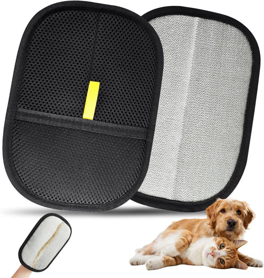 Pet grooming tool set with black mesh pad, cleaning brush, and two pets on a white background