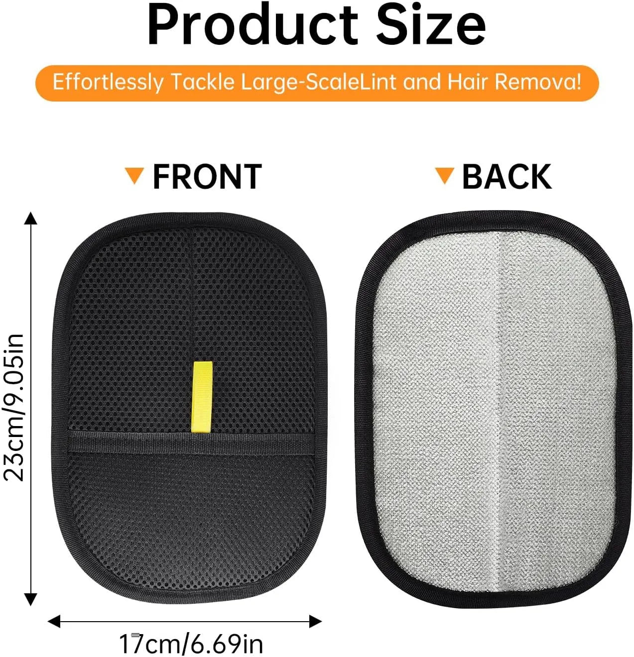 Product size comparison of a filter front and back with dimensions labeled.