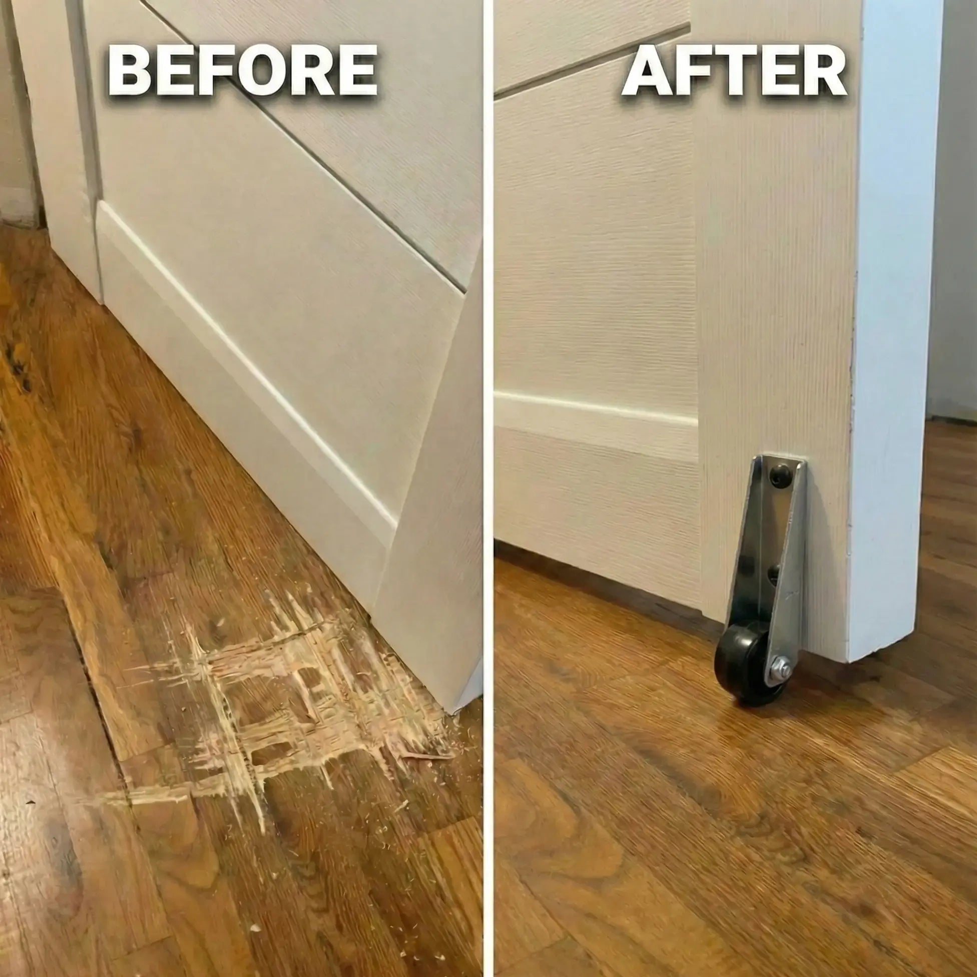Floor before Home Roller showing scratches, and after showing protected clean surface