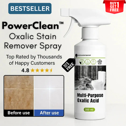 PowerClean Oxalic Stain Remover Spray with before and after effect on a surface, labeled as a bestseller.