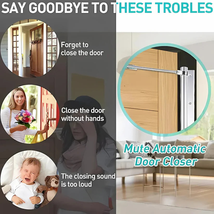 Advertisement for an automatic door closer with issues it solves and a close-up of the product.