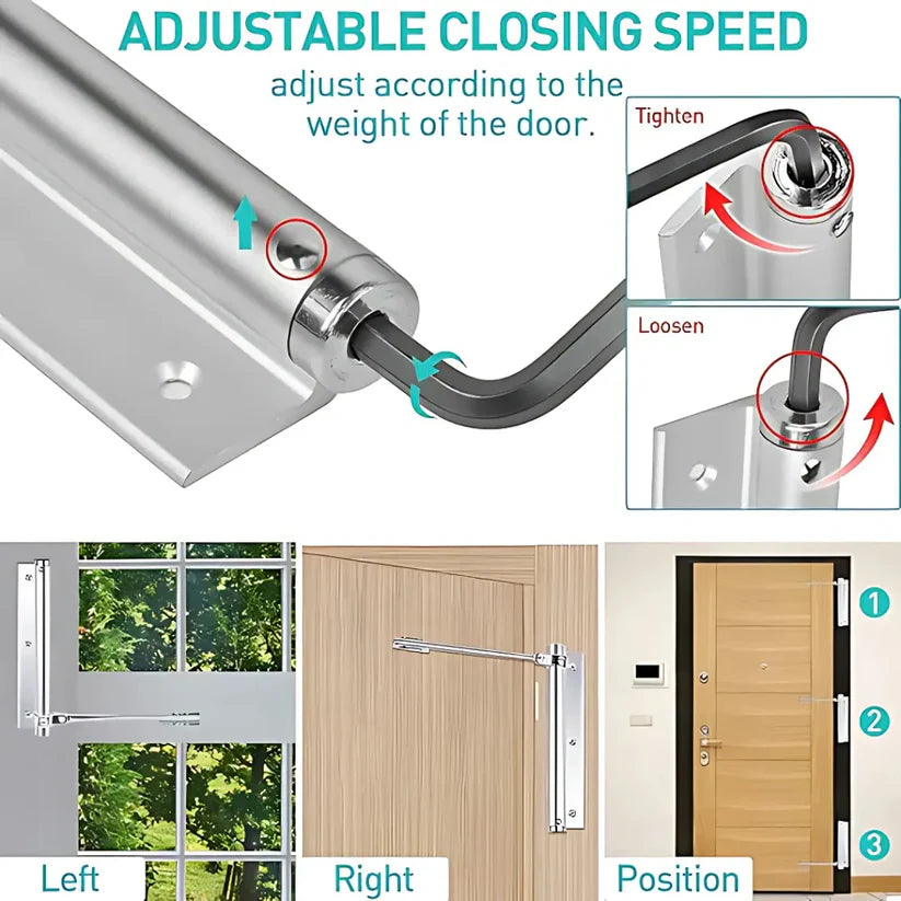 Door closer with adjustable closing speed feature and installation instructions.