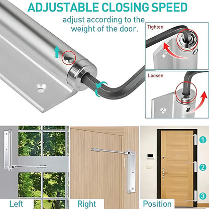 Door closer with adjustable closing speed feature and installation instructions.