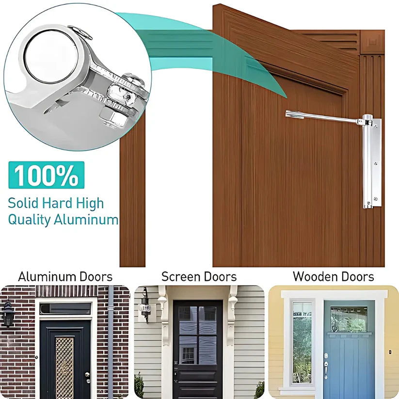 Door hardware with a focus on solid quality, shown on different types of doors.