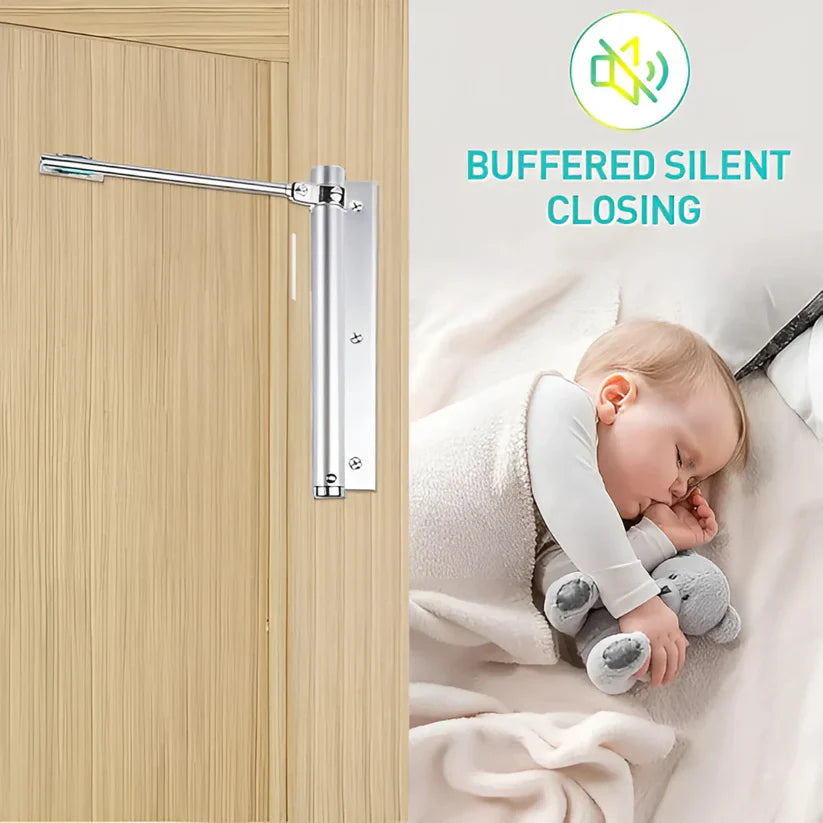 Silent closing door mechanism with a baby sleeping peacefully next to it