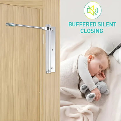 Silent closing door mechanism with a baby sleeping peacefully next to it