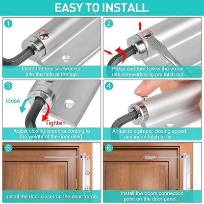 Step-by-step installation guide for a door closer system with clear instructions and visual aids.